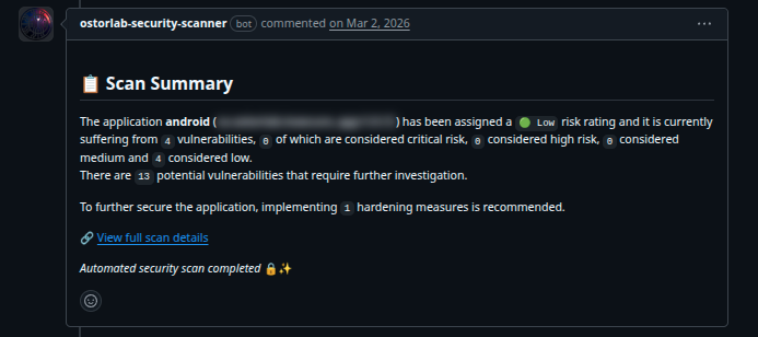 Ostorlab automated scan summary posted to a GitHub pull request