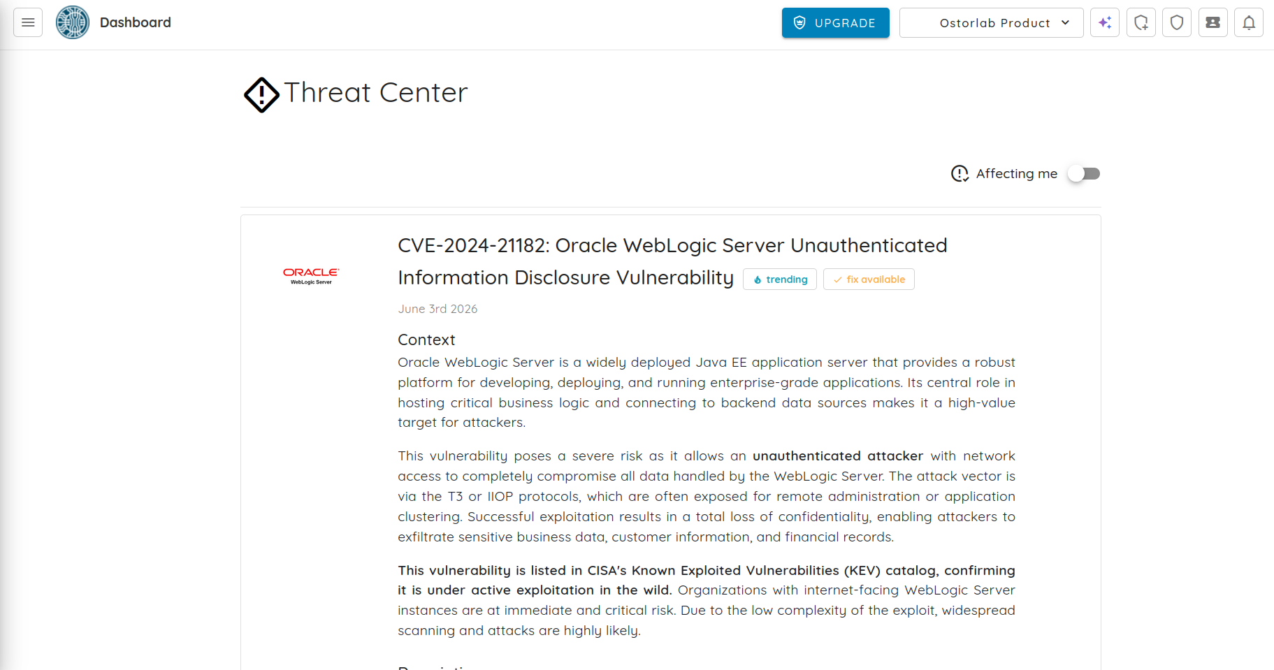 RSA Threat Center dashboard showing proactive CVE alerts